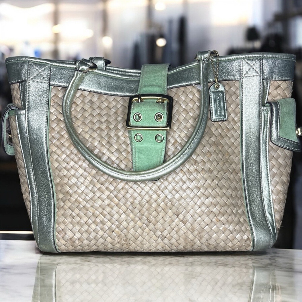 Coach Ltd Ed Natural Straws Seafoam Suede Leather Trim Buckle Closure Tote Bag